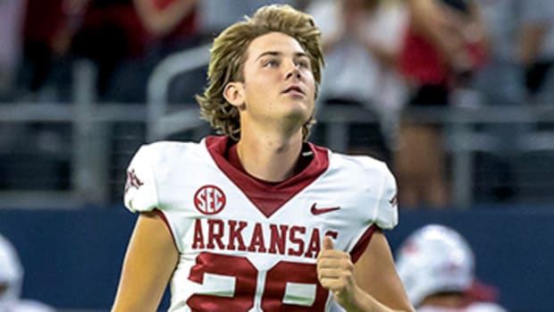 Arkansas Razorbacks kicker Cam Little during pregame warmups before a 23-21 loss to Texas A&M in 2022.
